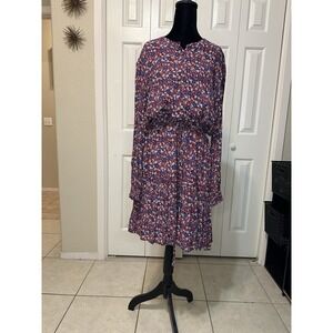 Lucky Brand Women Dress  Ajustable Waste Red Blue Floral Long‎ Sleeve XL
